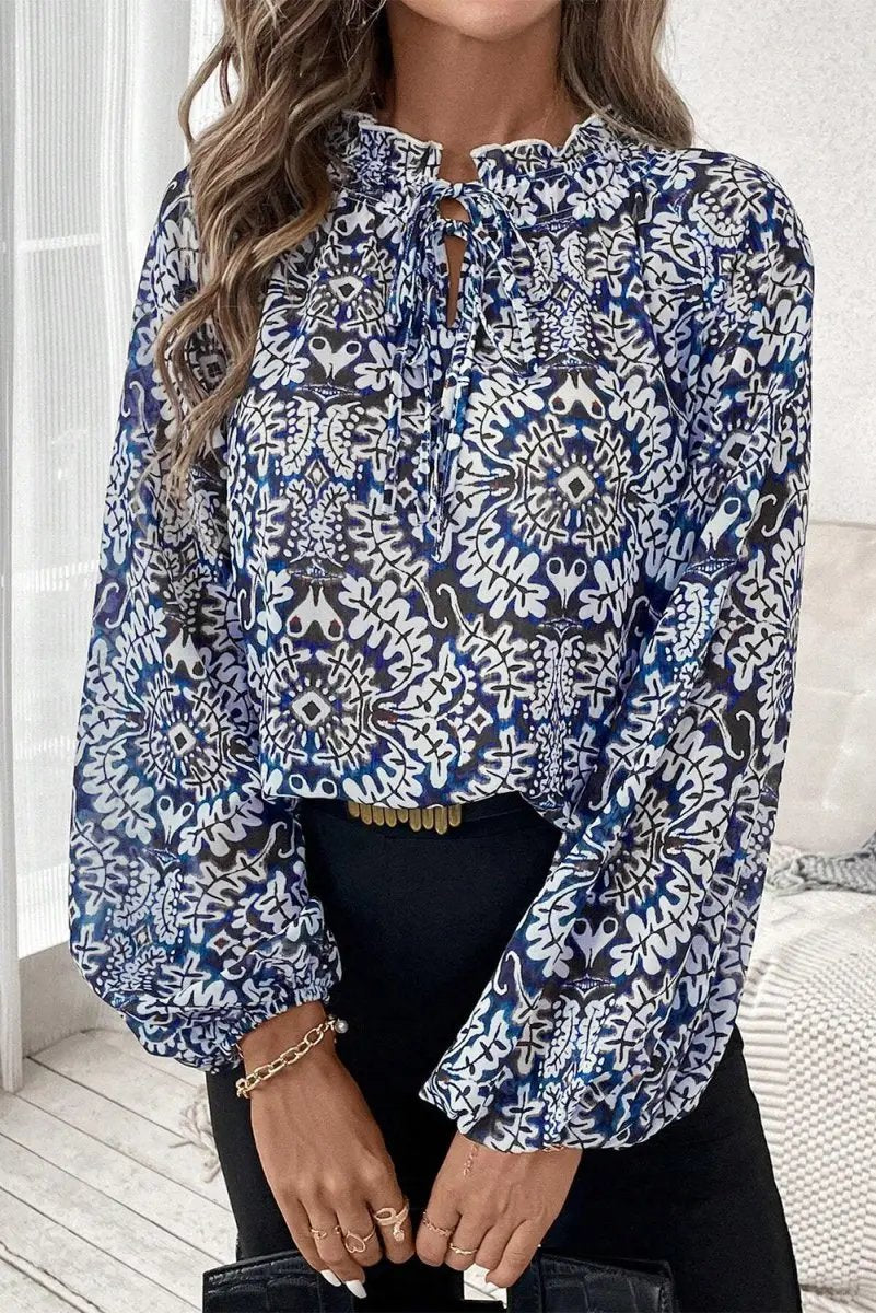Blue Tribal Print Lace-up Frilled Neck Puff Sleeve Blouse - Love Salve